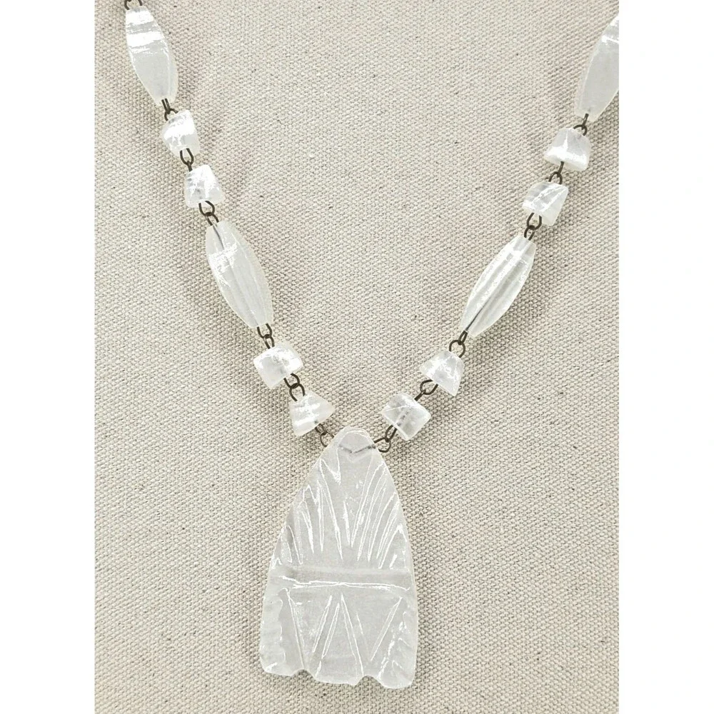 Vintage White Quartz Face Pendant Necklace Infinity Loop Silver Tone 17 In 103g